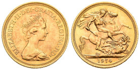 GRAN BRETAÑA. 1 Soberano (Au.7,99g/22mm). 1974. Isabel II. (Km#919). Grabador: Benedetto Pistrucci (BP). SC-. Ligerísmas marquitas.