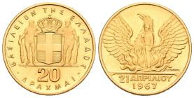 GRECIA. 20 Dracmas (Au. 6,45g/21mm). S/D (1970). Constantino II. Conmemoración del Golpe de Estado de los Coroneles del 21 de Abril de 1967. (Km#92). ...