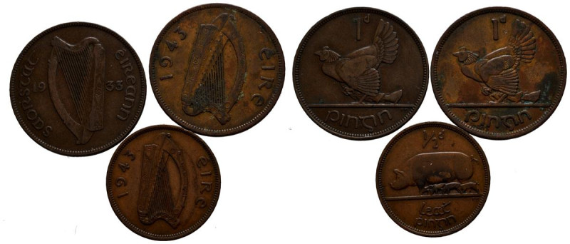 IRLANDA. Interesante conjunto de 3 monedas de 1/2 y 1 Penny en cobre acuñados du...