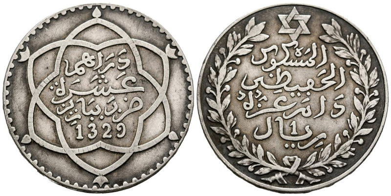 MARRUECOS. 10 Dirhams. (Ar. 24,84g/38mm). 1911 (1329H). Paris. (Km#25). MBC+.