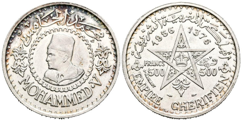 MARRUECOS. 500 Francos. (Ar. 22,50g/36mm). 1956 (1376H). Mohammed V. (Km#54). EB...