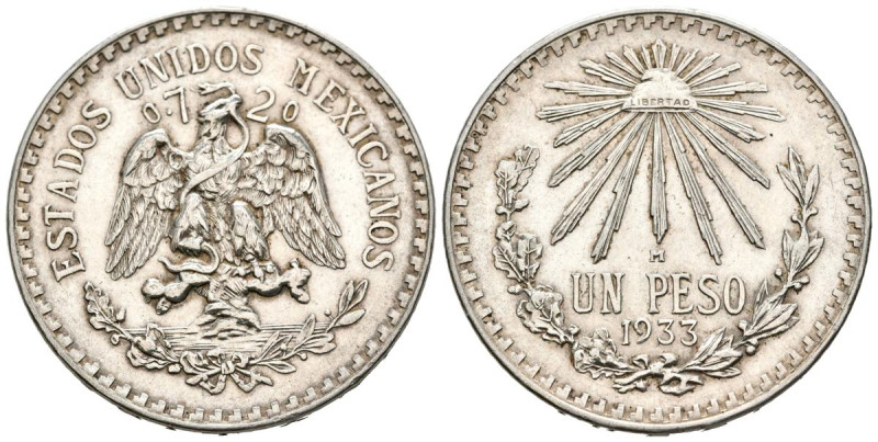 MÉXICO. 1 Peso (Ar. 16,68g/34mm). 1933. (Km#455). EBC. Limpiada