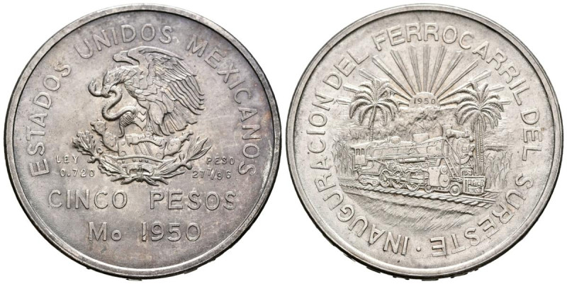 MÉXICO. 5 Pesos. (Ar. 27,68g /40mm). 1950. Inauguración del Ferrocarril del Sure...