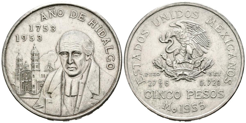 MÉXICO. 5 pesos. (Ar. 27,65g /40mm). 1953. Bicentenario de Hidalgo. (Km#468). EB...