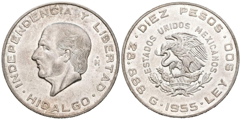 MÉXICO. 10 pesos. (Ar. 28,74g /40mm). 1955. Hidalgo. (Km# 474). EBC-. Rayitas de...