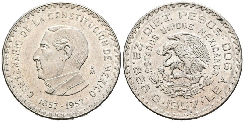 MÉXICO. 10 pesos. (Ar. 28,84g /40mm). 1957. Centenario de la Constitución. (Km# ...