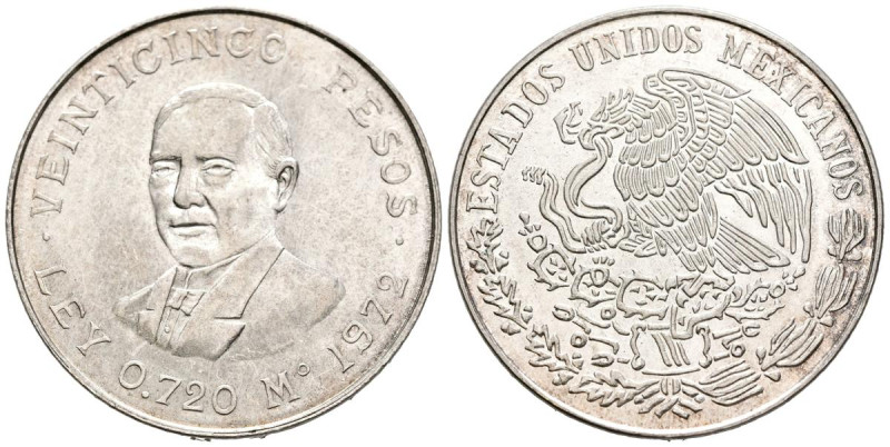 MÉXICO. 25 Pesos. (Ar. 22,61g/38mm). 1972. Centenario de la muerte de Benito Juá...