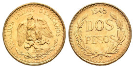 MÉXICO. 2 Pesos. (Au. 1,66g/12mm). 1945. Reacuñación oficial. (Km# 461). SC-. 