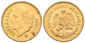 MÉXICO. 5 pesos. (Au. 4,14g/19mm). 1955. Manuel Hidalgo. Reacuñación Oficial. (Km#464). EBC+.