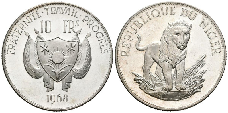 NIGER. 10 Francs (Ar. 19,94g/38mm). 1968. (Km#8.1). PROOF. Ligerísmas rayitas en...