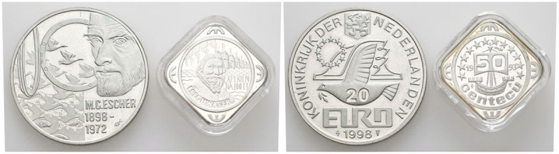 PAÍSES BAJOS. Conjunto de 2 monedas de plata de ECU y EURO con valores de 50 Cen...