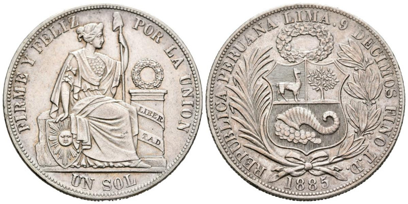 PERÚ. 1 Sol (Ar. 25,03g/38mm). 1885. Lima TD. (Km#196.22). EBC+. Escasa así.