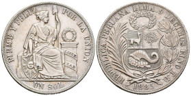 PERÚ. 1 Sol (Ar. 25,03g/38mm). 1885. Lima TD. (Km#196.22). EBC+. Escasa así.