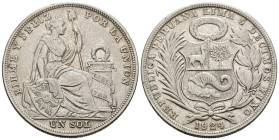 PERÚ. 1 Sol. (Ar. 24.89g/37mm). 1924. Lima. (Km#218). MBC+.