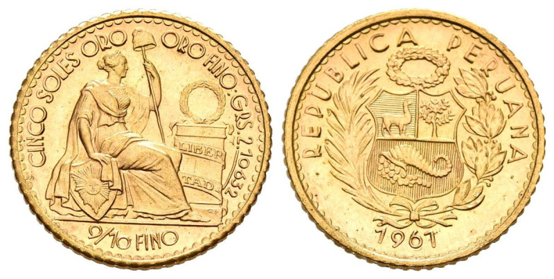 PERÚ. 5 Soles Oro (Au. 2,83g/15mm). 1961. Lima. Matrona y Escudo. (Km#235). EBC+...