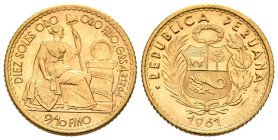 PERÚ. 10 Soles Oro (Au. 4,67g/18mm). 1961. Lima. Matrona y Escudo. (Km#236). EBC.