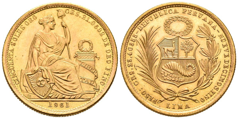 PERÚ. 50 Soles Oro (Au. 23,35g/30mm). 1961. Lima. Matrona y Escudo. (Km#230). EB...