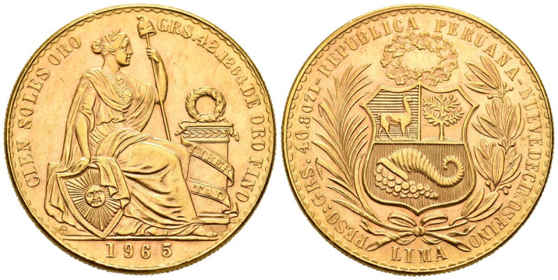 PERÚ. 100 Soles Oro (Au. 46,72g/37mm). 1965. Lima. Matrona y Escudo. (Km#231). E...