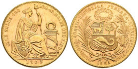PERÚ. 100 Soles Oro (Au. 46,72g/37mm). 1965. Lima. Matrona y Escudo. (Km#231). EBC. Magnífico ejemplar.