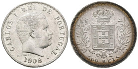 PORTUGAL. 500 Reis (Ar. 12,48g/31mm). 1908. Carlos I. (Gomes 11.20). EBC. Bonita pátina