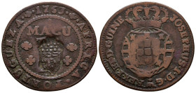 ANGOLA (Portuguesa). 1/4 Macuta (Ae. 8,39g/33m). 1763. José I. Resello bajo el reinado de María II (1834-1853). (Gomes 03.02). MBC-.