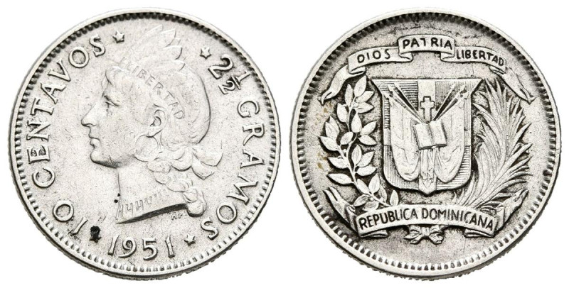 REPUBLICA DOMINICANA. 10 Centavos. (Ar. 2,51g/18mm). 1951. (Km#19). EBC. Escasa.