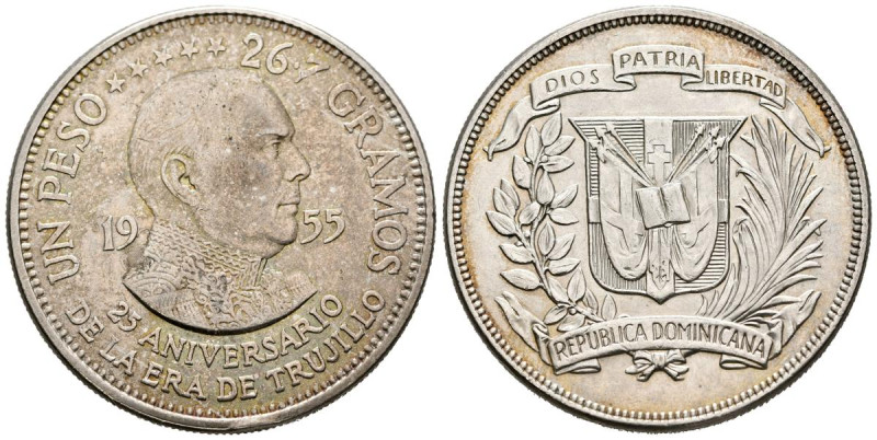 REPUBLICA DOMINICANA. 1 Peso. (Ar. 26,51g/38mm). 1955. 25 Aniversario de la era ...