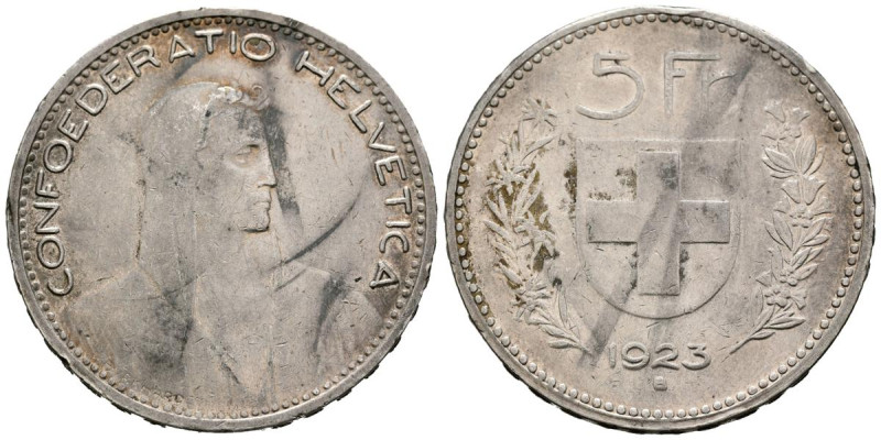 SUIZA. 5 Francs (Ar. 24,96g/38mm). 1923. Berna B. (Km#37). MBC. Escasa.