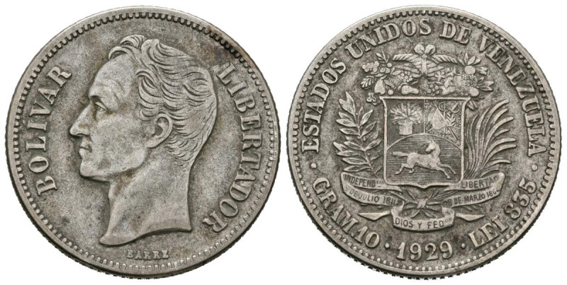 ESTADOS UNIDOS DE VENEZUELA. 2 Bolívares. (Ar. 9,91g/27mm). 1929. Philadelphia. ...