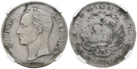 ESTADOS UNIDOS DE VENEZUELA. 5 Bolívares (Ar. 25,00g/37mm). 1879 (primer año de esta serie). Bruselas. (Km#Y24.1). Encapsulado NGC XF Details. Rara.