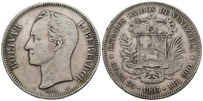 ESTADOS UNIDOS DE VENEZUELA. 5 Bolívares. (Ar. 24,65g/37mm). 1905. (Km#Y24.2). M...