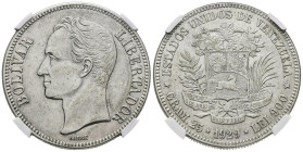 ESTADOS UNIDOS DE VENEZUELA. 5 Bolívares. (Ar. 25,00mm/37mm). 1929. Philadelphia. (KM-Y24.2). Encapsulado NGC AU-55.