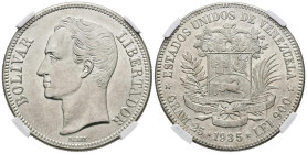 ESTADOS UNIDOS DE VENEZUELA. 5 Bolívares. (Ar. 25,00g/37mm). 1935. Philadelphia. (Km#Y24.2). Encapsulado NGC MS-62.