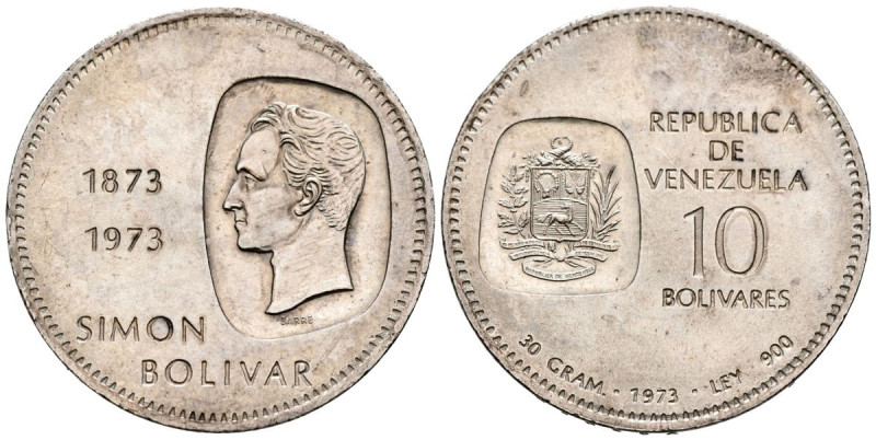 VENEZUELA. 10 Bolívares. (Ar. 30,18g/39mm). 1973. Centenario de la efigie de Sim...