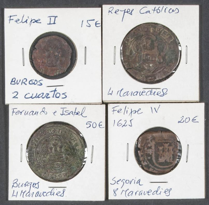 MONARQUÍA ESPAÑOLA. Conjunto de 4 interesantes cobres acuñados entre el reinado ...