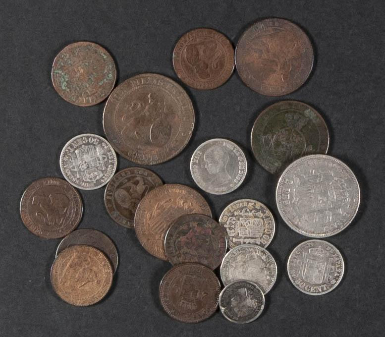 ESPAÑA. Interesante conjunto formado por 20 monedas en cobre y plata acuñadas en...