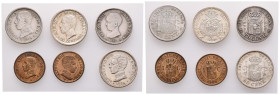 CENTENARIO DE LA PESETA. Bonito conjunto compuesto por 6 monedas, 4 de ellas de 50 Céntimos en plata y 2 de 1 Céntimo en cobre. Todas las piezas difer...