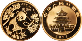 China 100 Yuan 1 GOLD 1992 Panda auf Ast, 1 Unze Feingold. Large Date. Yeoman 395, Schön 415. Original verschweißt. Stempelglanz