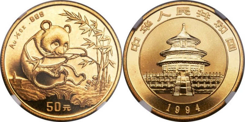 China Volksrepublik seit 1949. 50 Yuan GOLD 1994 Sitzender Panda beim Verzehr ei...