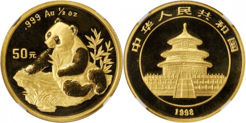 China Volksrepublik seit 1949 50 Yuan GOLD 1998 Panda beim Auswählen von Zweigen...