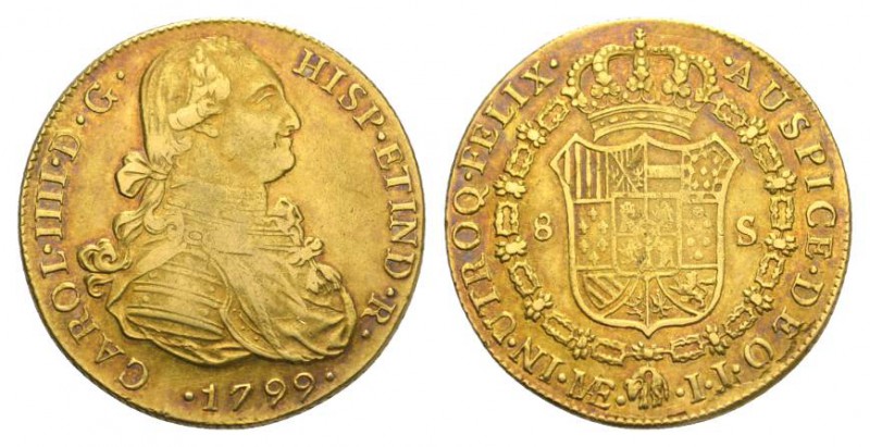 Kolumbien/ Columbia Carlos IV., 1788-1808. 8 Escudos 1799 NR-JJ, Santa Fe (Nuevo...