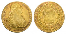 Kolumbien/ Columbia Carlos IV., 1788-1808. 8 Escudos 1799 NR-JJ, Santa Fe (Nuevo Reino). 27,08 g. Calicó 129, Fb. 51, Schl.729. Attraktives Exemplar m...