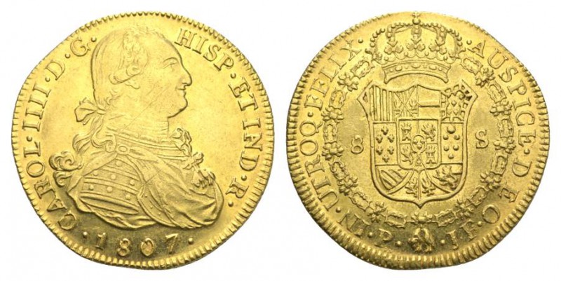 Kolumbien / Columbia Carlos IV., 1788-1808 8 Escudos 1807 P-JF, Popayan. 23,63 g...