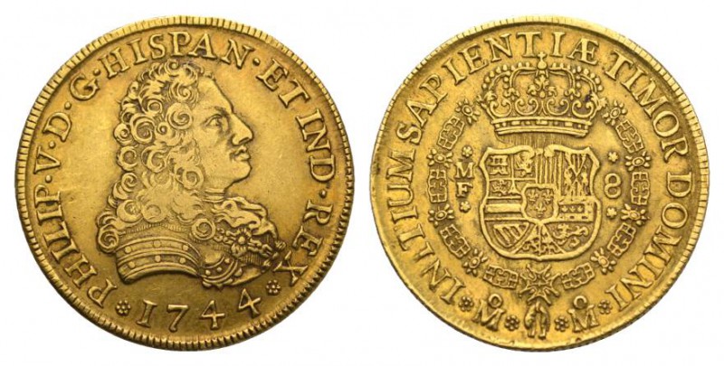 Mexiko/ Mexico Felipe V., 1700-1746. 8 Escudos 1744 Mo-Mo-MF, Mexico City. I Gro...