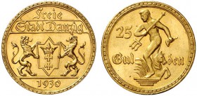 Polen Danzig 25 Gulden 1930. Dutkowski/Suchanek 526, Fb. 44, J. D 11, Kopicki 7588 (R8). 7,32 g Feingold. Prachtexemplar. Fast Stempelglanz MS 64