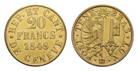 Schweiz / Switzerland /Suisse Genf Stadt und Kanton Genf. 20 Francs 1848. 7.66 g. D.T. 277. selten in dieser Erhaltung HMZ 2-361a. Fr. 263. Fast FDC