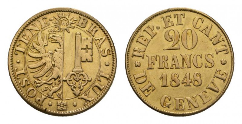 Schweiz / Switzerland /Suisse Genf Stadt und Kanton Genf. 20 Francs 1848. 7.66 g...