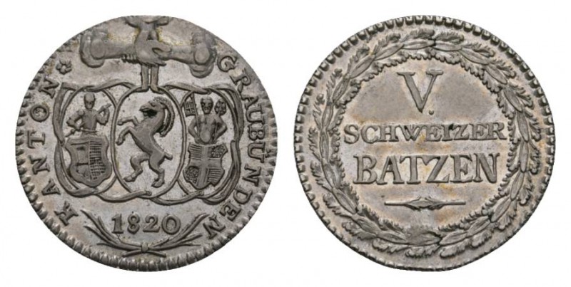 Schweiz / Switzerland /Suisse Graubünden, Kanton. AR 5 Batzen 1820 (4.27 g, 26 m...