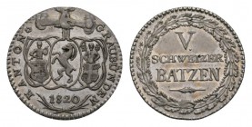 Schweiz / Switzerland /Suisse Graubünden, Kanton. AR 5 Batzen 1820 (4.27 g, 26 mm). Av. KANTON GRAUBÜNDEN, Die Wappen der drei Bünde. Rv. V. / SCHWEIZ...