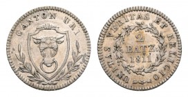 Schweiz / Switzerland /Suisse Uri Kanton 2 Batzen 1811, Bern. D./T. 76, HMZ 2-993a. 2.71 g. Selten. Vorzüglich +